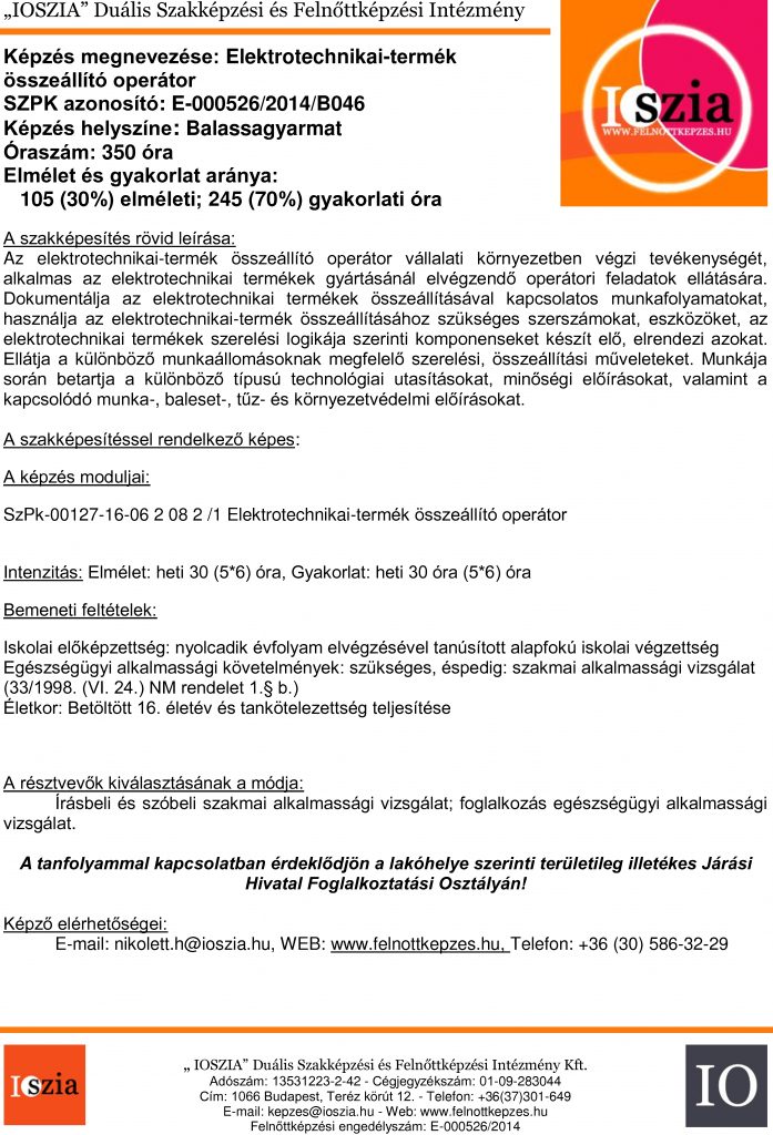 Elektrotechnikai-termék összeállító operátor - Balassagyarmat - IOSZIA felnőttképzés felnottkepzes.hu