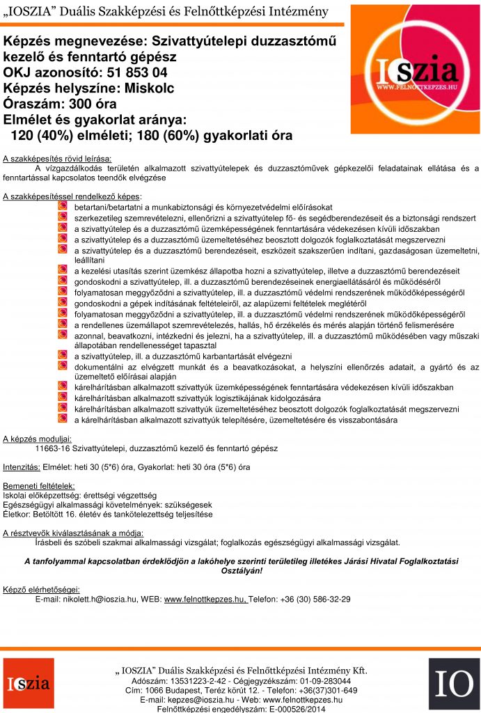 Szivattyútelepi duzzasztómű kezelő és fenntartó gépész - Miskolc - IOSZIA felnottkepzes.hu